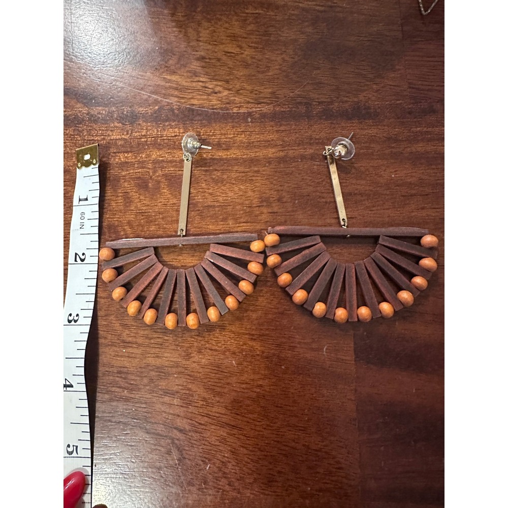 Boho Wooden Fan Earrings Statement Dangle Drop Beaded Wood Geometric